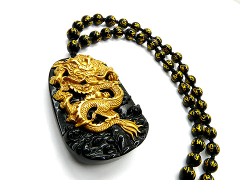 Gold Dragon Onyx Pendant Necklace