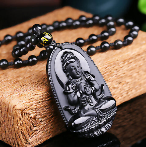 Goddess Of Mercy Obsidian Buddha Pendant
